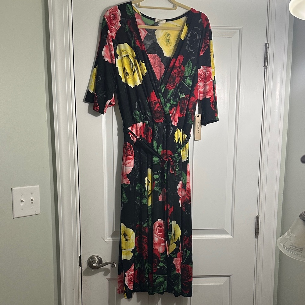 Kiyonna Black Floral Midi Dress with Red and Yellow Accents NWT